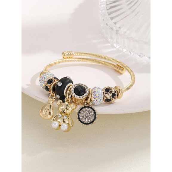 Multicolor Rhinestone Bear Charm Bangle With Pearl Accents