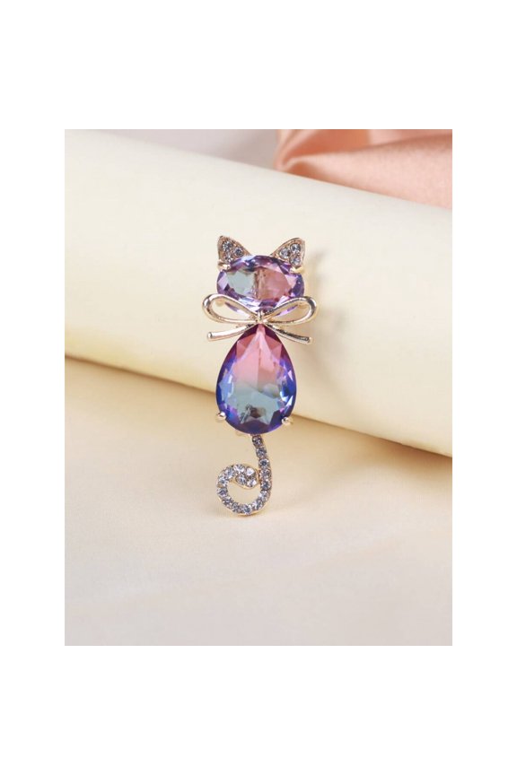 Multicolor Rhinestone Cat Design Brooch With Goldtone Finish