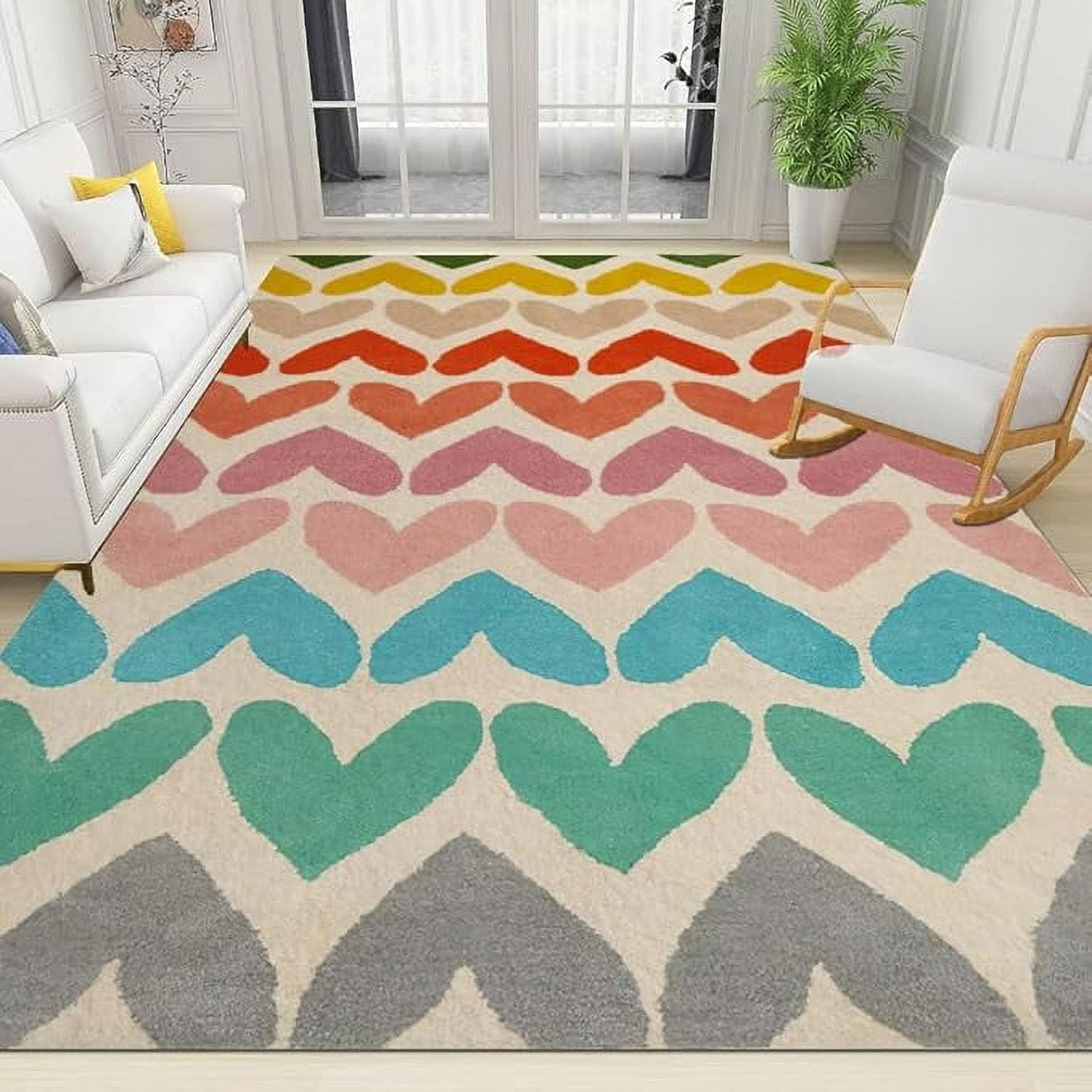 Multicolor Romantic Heart Area Rug For Living Room, Rainbow Colors Rugs ...