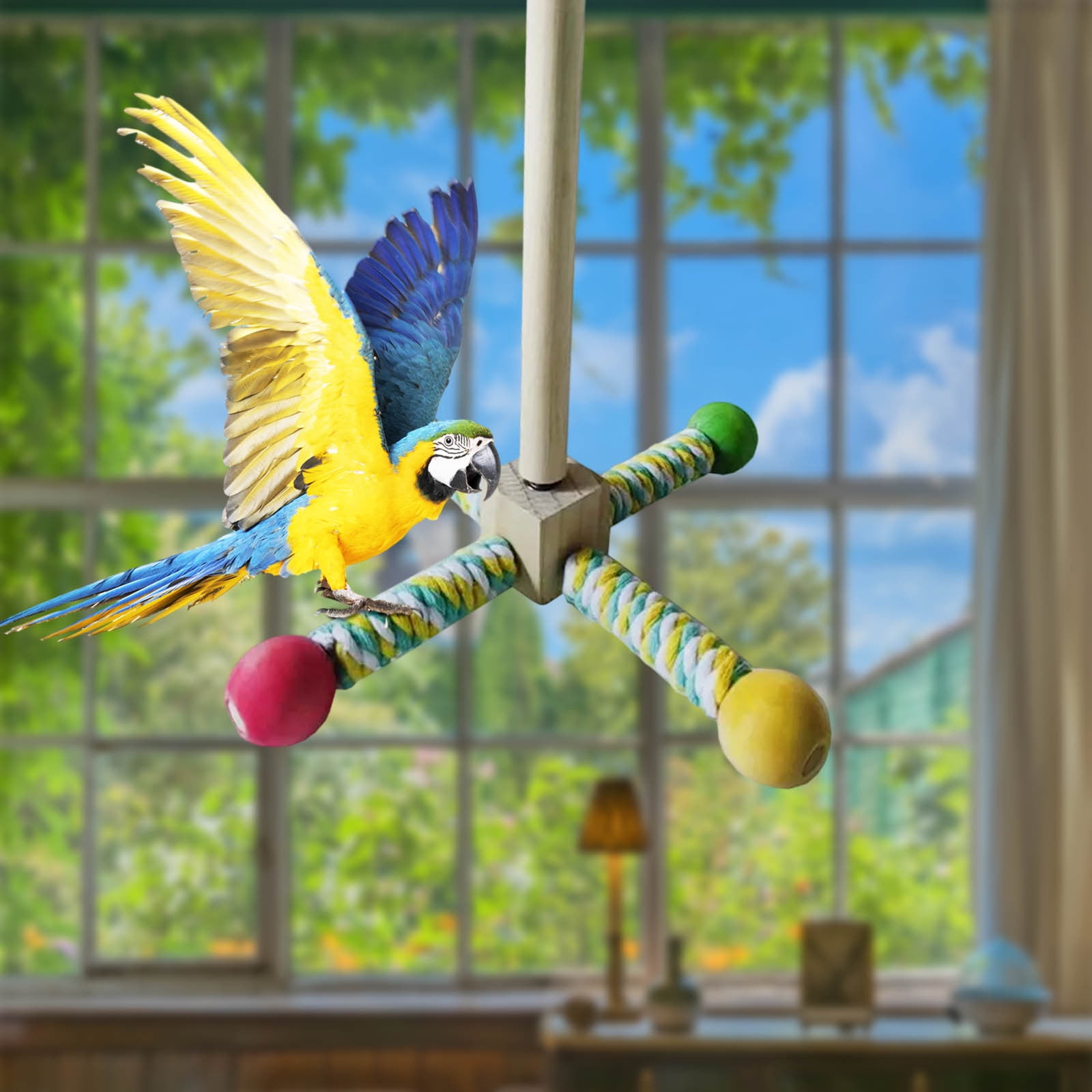 Multicolor Rotating Bird Toy with Bearing Station - Natural Wood & Hemp ...