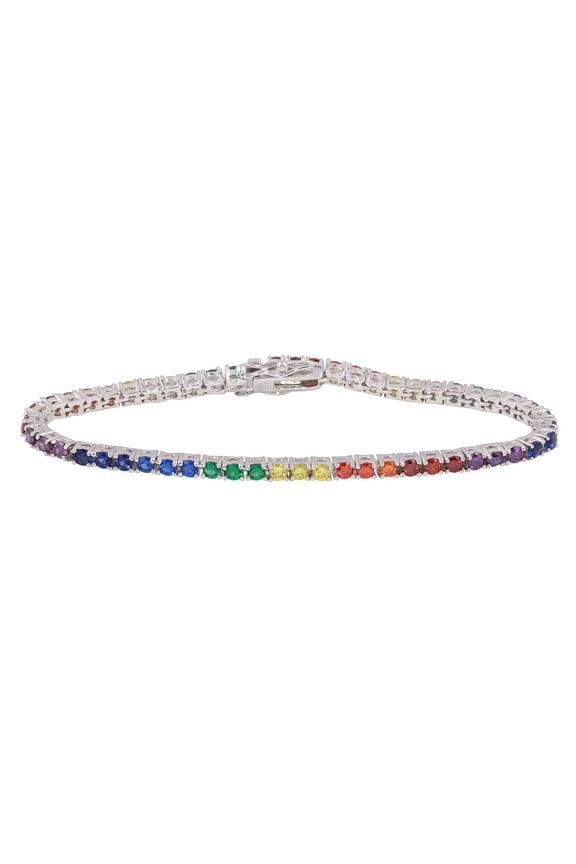 Multicolor Round Cubic Zirconia Rainbow Tennis Bracelet Rhodium Plated Sterling Silver