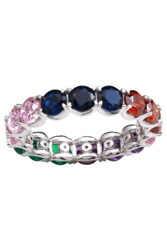 Multicolor Round Cubic Zirconia Stackable Ring Rhodium Plated Sterling Silver Size 7