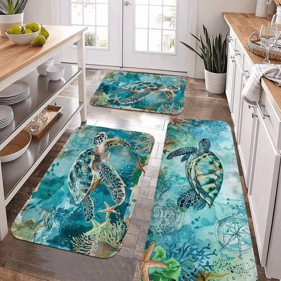 Multicolor Sea Turtle Pattern Kitchen Mat Set - Soft Flannel Non-Slip Floor Mats for Kitchen, Bathroom, Hallway