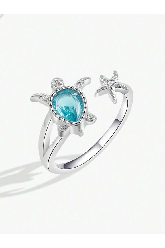 Multicolor Sea Turtle & Starfish Open Ring With Blue Gemstone