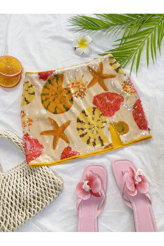 Multicolor Sequin Beach Mini Skirt With Starfish & Shell Print, High Slit Low Waist Summer Vacation Skirt