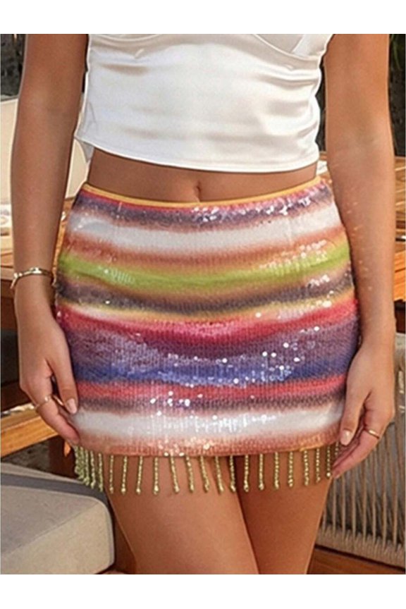 Multicolor Sequin Mini Skirt With Fringe Trim Bodycon Pencil Style