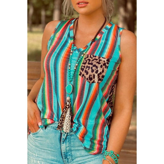 Multicolor Serape Leopard Patchwork Pocket V Neck Tank Top