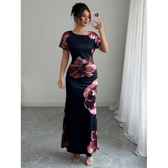 Multicolor Short Sleeve Fitted Floral Digital Print Maxi Dress For Women