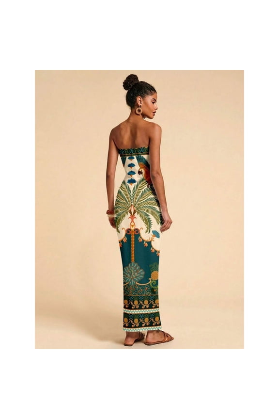 Multicolor Sleeveless Strapless Bodycon Maxi Dress With Tropical Palm And Parrot Print For Vacation Or Dinner