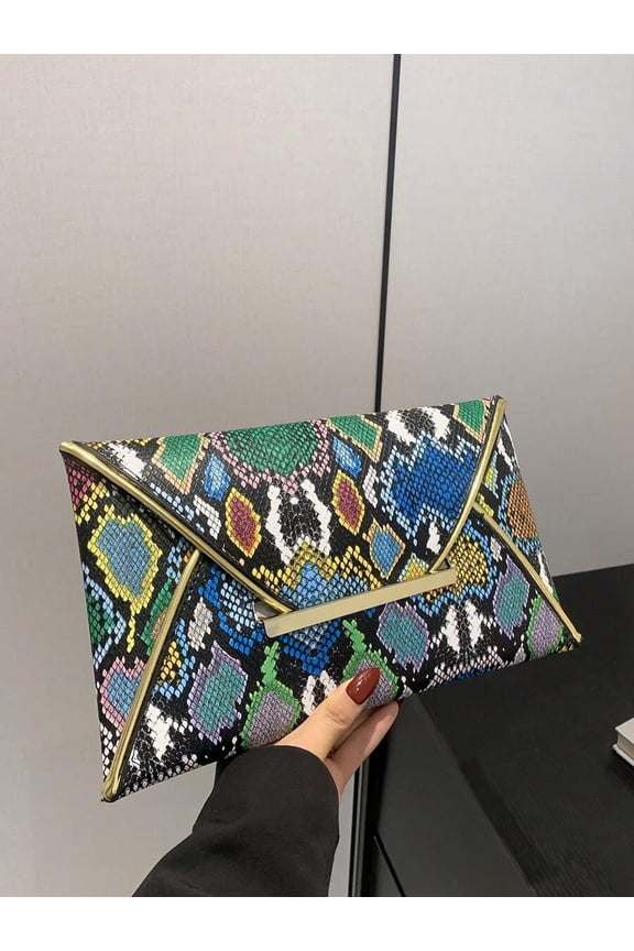 Multicolor Snake Print PU Envelope Clutch With Goldtone Hardware