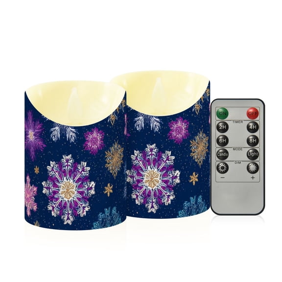 Multicolor Snowflakes Christmas Flickering Flameless Candles with Remote Timer Battery Operated LED Tealight Set of 2 S