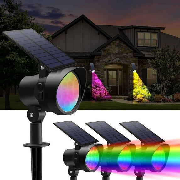 Multicolor Solar Lights Outdoor Dimmable, Color Changing Solar Spotlights Outdoor with 9 Lighting Modes, RGB Landscape Spotlights Waterproof for Christmas Garden Yard Halloween, 4 Pack