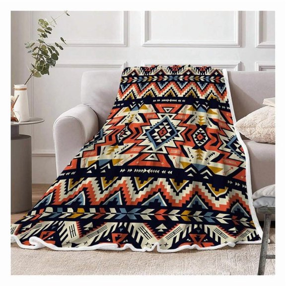 Multicolor Southwestern Throw Blanket, Soft Cozy Flannel Native Geometric