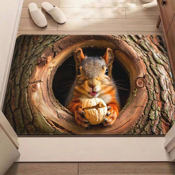 Multicolor Squirrel In Tree Hole Door Mat, 700gsm Microfiber Non-Slip Floor Mat For Entryway Bathroom