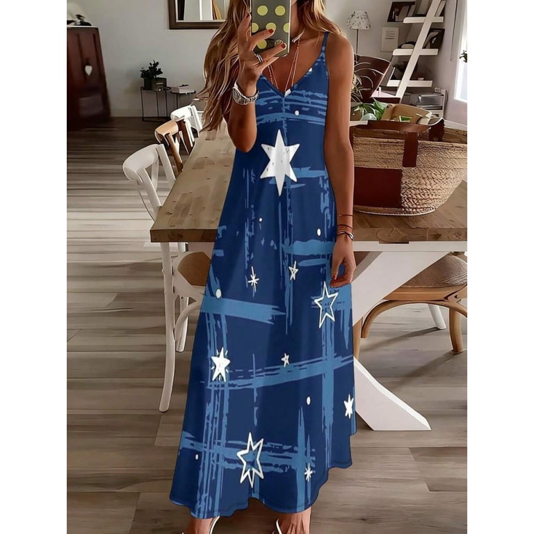 Multicolor Star Print V-Neck Sleeveless Maxi Slip Dress For Women Casual Summer, Women's, Size: Large
