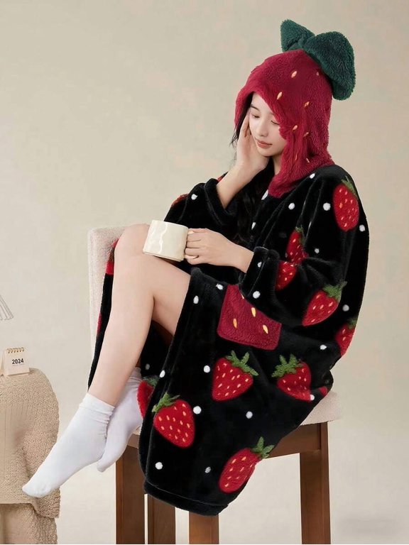 Multicolor Strawberry Print Hooded Casual Robe, Long Sleeve Warm Fleece