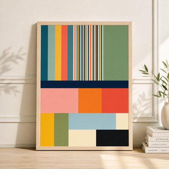 Multicolor Stripe Geometric Poster, Bold Color Block Wall Art, Modern Mid Century Decor Print Unframed Paper Print