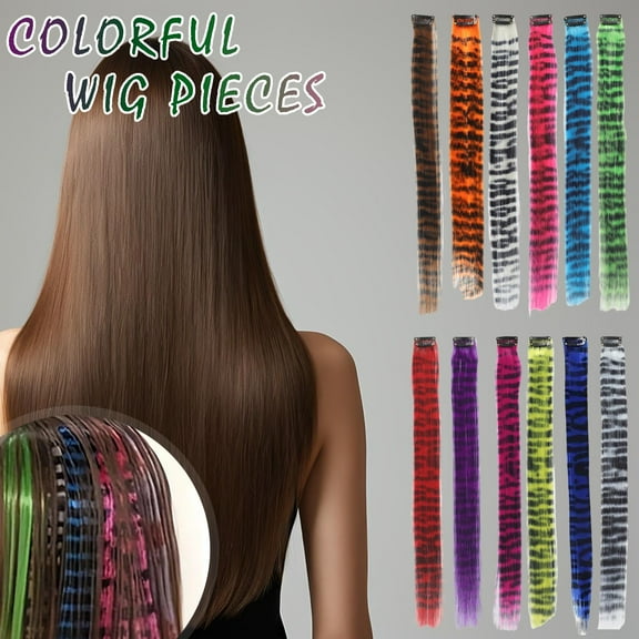 Multicolor Striped Hair Extensions,18" Stripe Printed Wigs Piece Synthetic Straight Clip,Colorful Long Straight Clip in Hair Extensions for Women Daily Use Party