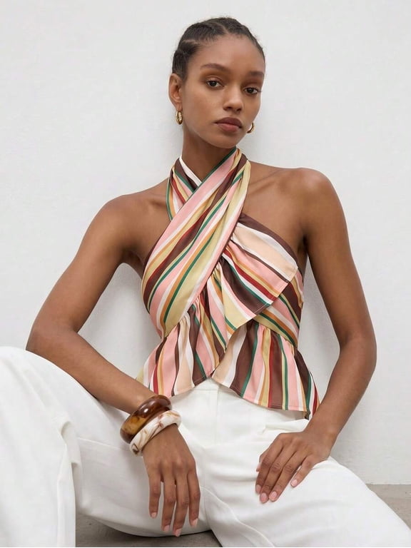 Multicolor Striped Halter Crossover Ruffle Crop Top For Women