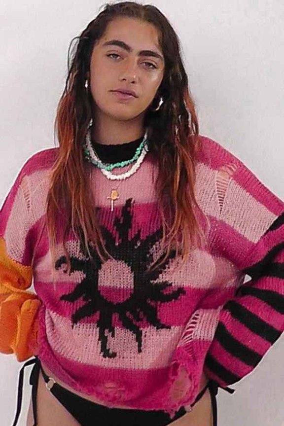 Multicolor Striped Ripped Loose Fit Sweater Top (M, MultiPink)
