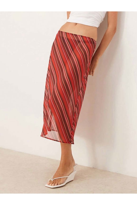 Multicolor Striped Sheer Wrap Midi Skirt Flowy Low Rise