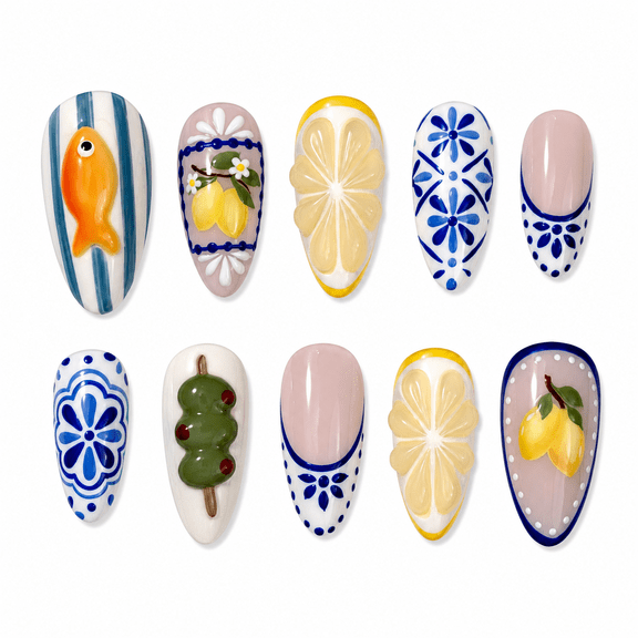 Multicolor Summer Fruit Press on Nails, Medium Almond Glossy Fake Nails with Raised Detail, 30 Count