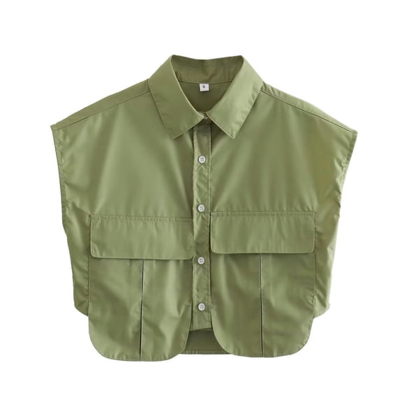 Multicolor Summer New Women's European and American Style Pocket Decoration Short Sleeveless Solid Color Shirt Women-Olive Green-L