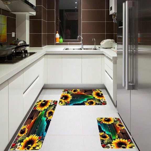 Multicolor Sunflower Print Kitchen Mat - Non-Slip Anti-Fatigue