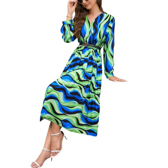 Multicolor Surplice Neck Pleated Dress for Women Below Knee Length Navy X-Large