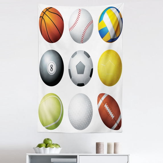 Multicolor Tapestry, Diversified Sport Balls Objects in Diamond or Circle Shape Recreational Illustration, Fabric Wall Hanging Decor for Bedroom Living Room Dorm, 5 Sizes, Multicolor, by Ambesonne