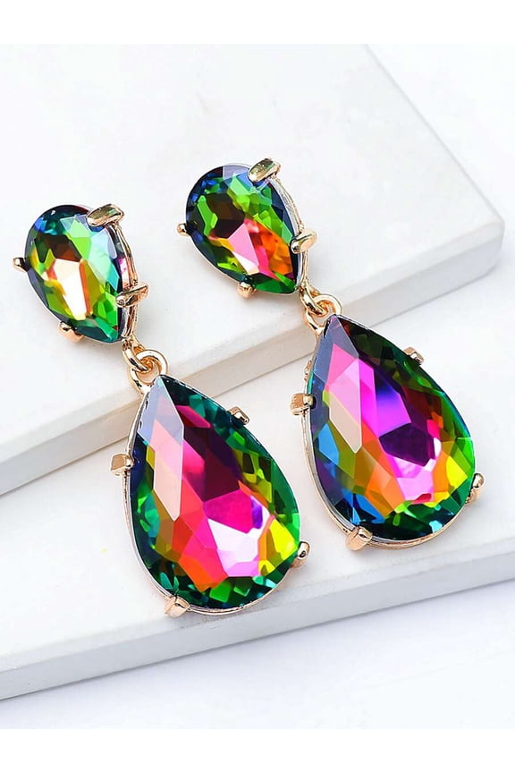 Multicolor Teardrop Dangle Earrings With Goldtone Setting And Faceted Iridescent Cubic Zirconia