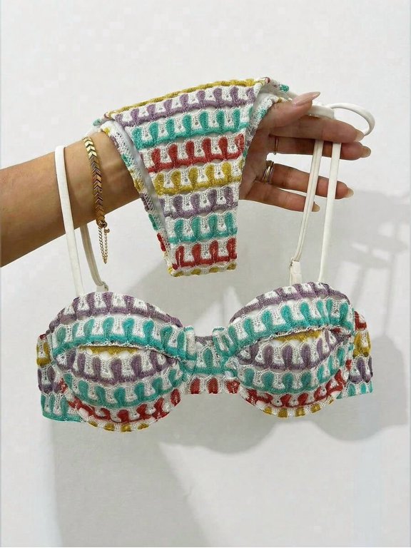 Multicolor Textured Crochet Bikini Set With Patterned Bra Top And Tie-Side Bottoms For Summer Beach