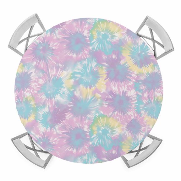 Multicolor Tie Dye Elastic Fitted Round Table Cover Ombre Boho Abstract Art Waterproof Outdoor Tablecloth for Holiday Party, Picnic, Patio & Dining Fits Tables Up to 36"-44"
