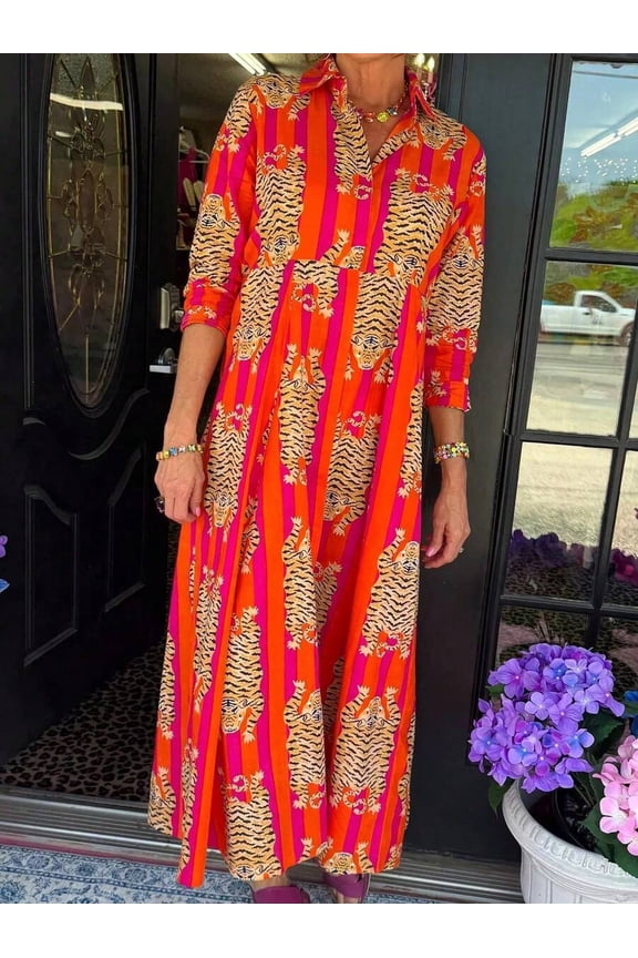 Multicolor Tiger Print Maxi Shirt Dress With Lapel Collar, Three-Quarter Sleeves, Side Pockets