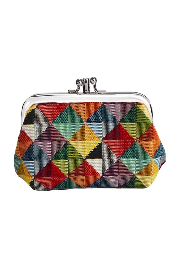 Tapestry Double Pocket Change Pouch Kiss lock Coin Purse for Women With Colourful Geometric Multicolor Triangles Design (FRMP-MTRI)
