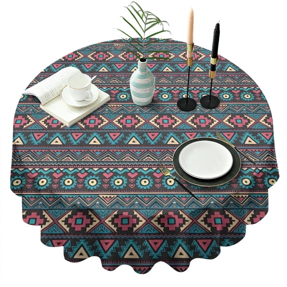 Multicolor Triangular and Diamond Shaped Geometric Boho Round Tablecloth 60"x60",Wrinkle Wipeable Table Cloth for Kitchen Dining Room Picnic Patio Party
