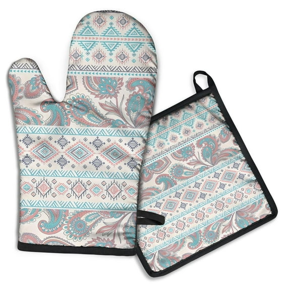 Multicolor Triangular Geometric Boho Pattern Kitchen Oven Mitt and Pot Holder Sets 2 Pcs for Baking, Cooking and Grilling, Heat Resistant Up To 392 °F