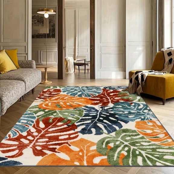Multicolor Tropical Leaves Pattern Area Rug, Flannel Material, Non-Slip Rubber Backing, Indoor Use, Machine Washable