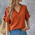 thumbnail image 1 of Multicolor Tshirts for Women 2025 Summer Simple Solid Color Short Sleeved Ruffled V Neck Blouse Blouse Going Out Tops for Women, 1 of 6