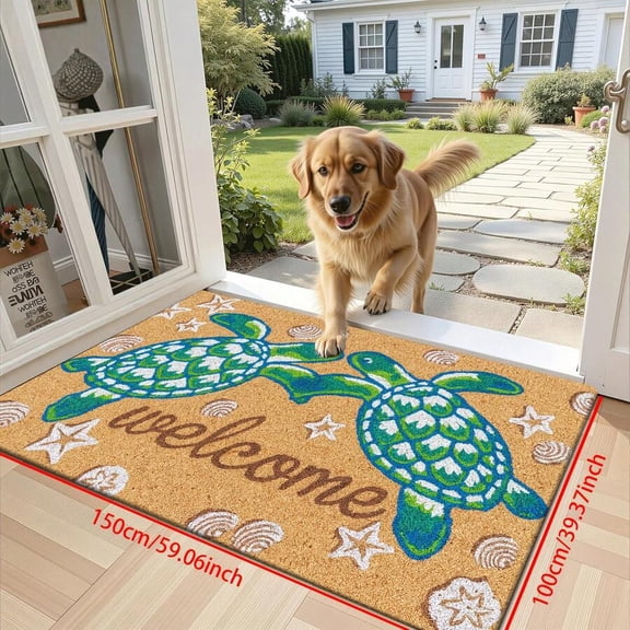 Multicolor Turtle Welcome Doormat With Star And Shell Pattern, Coastal Style Entryway Mat, 150x100cm