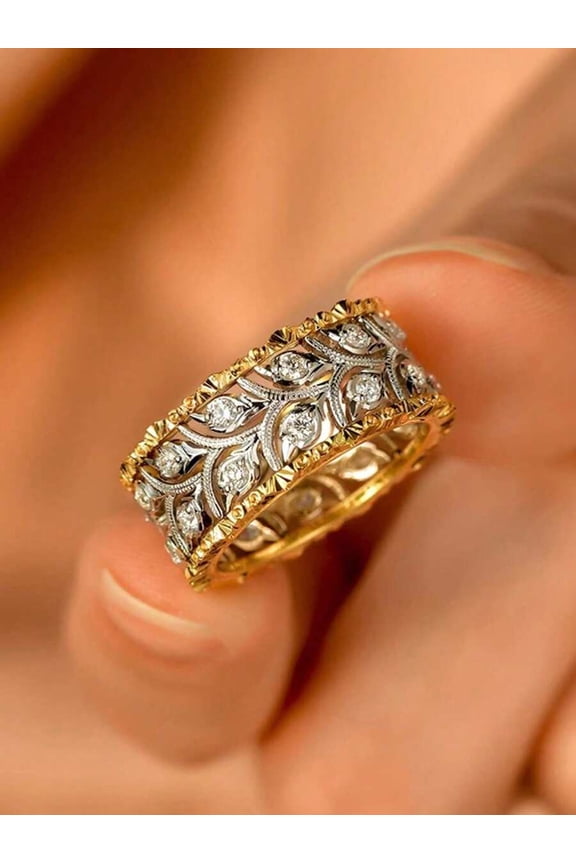 Multicolor Two-Tone Gold Cubic Zirconia Statement Ring For Women, Intricate Filigree Wide Band With Sparkling Stones