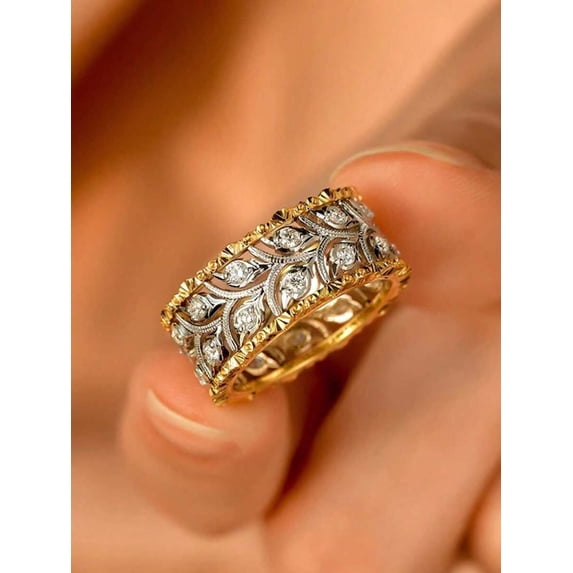 Multicolor Two-Tone Gold Filigree Wide Band Ring With Pavé Cubic Zirconia