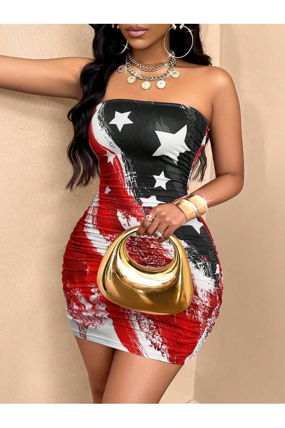 Multicolor USA Flag Print Strapless Ruched Bodycon Mini Dress For Street Party Occasion
