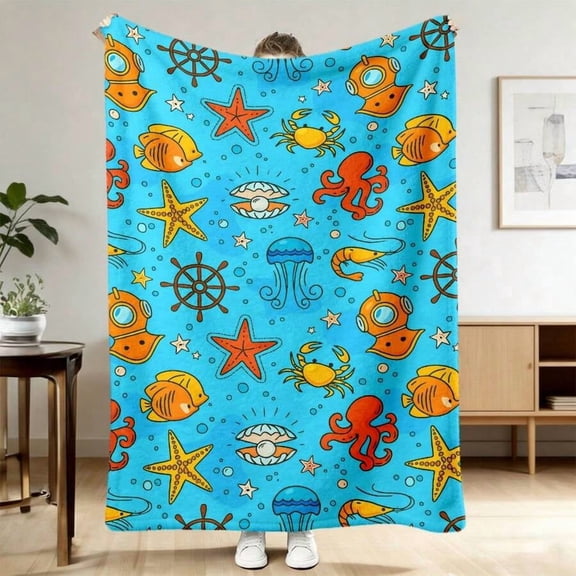 Multicolor Underwater Theme Polyester Flannel Blanket, Double-Sided Print, Non-Shedding, All-Season Use