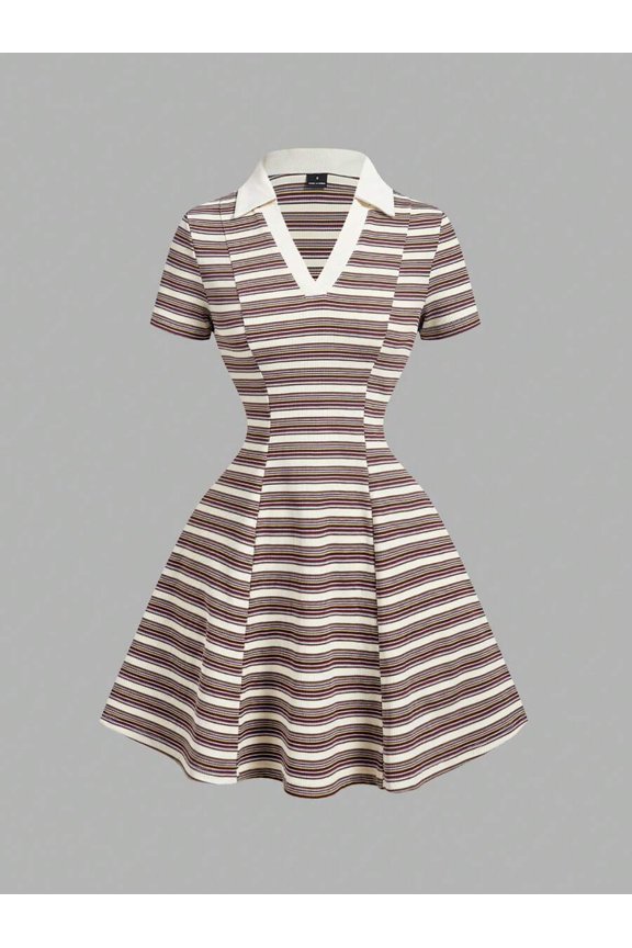 Multicolor Vintage 2000s Brown Striped Ruffle Collar Knitted Mini Dress -