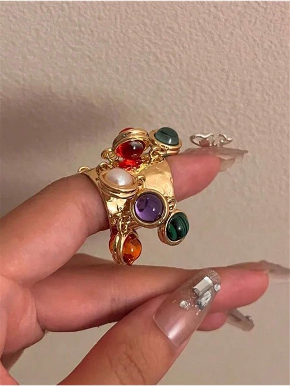 Multicolor Vintage Adjustable Ring With Goldtone Setting And Mixed Gemstones For Women