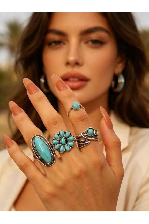 Multicolor Vintage Bohemian Turquoise Ring Set: Floral, Oval & Feather Designs – Unisex Statement Jewelry