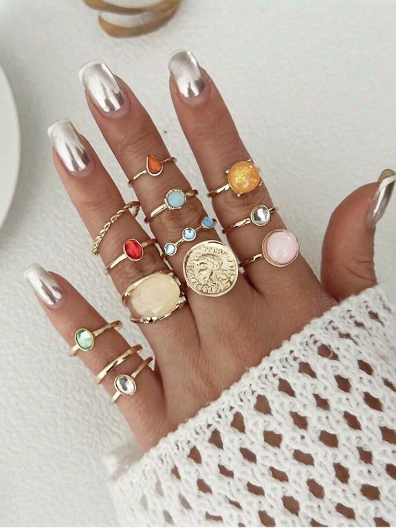 Multicolor Vintage Coin & Gemstone Knuckle Ring Set, 7-Piece Fashion