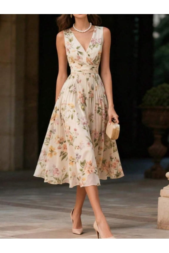 Multicolor Vintage Floral Chiffon Midi Dress, Sleeveless V-Neck A-Line Flared Hem For Women Summer