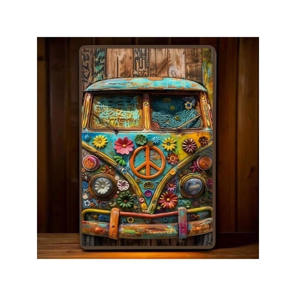 Multicolor Vintage Hippie Van Tin Sign Peace Sign Flower Power Retro VW Bus Wall Decor Distressed Metal Art